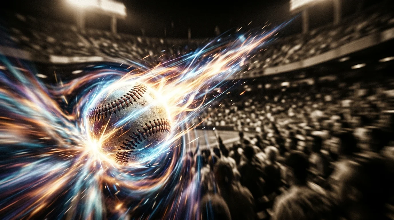Conceptual visual of a baseball moving through distorted space.