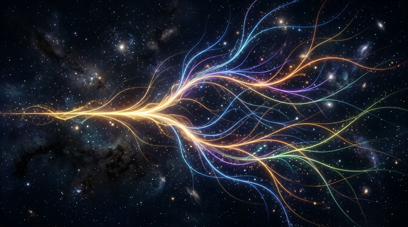 Abstract cosmic visualization of branching timelines in a dark void.