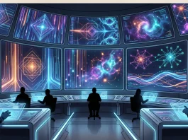 Conceptual high-tech multiversal control center with abstract glowing displays.