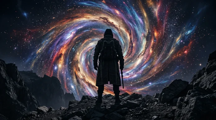 A silhouette of a figure in a long coat facing a cosmic multiverse rift.