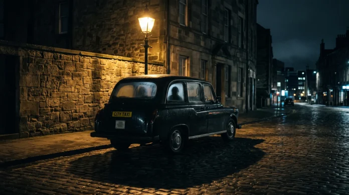 A dark, atmospheric night shot of a taxi cab under a single streetlamp.
