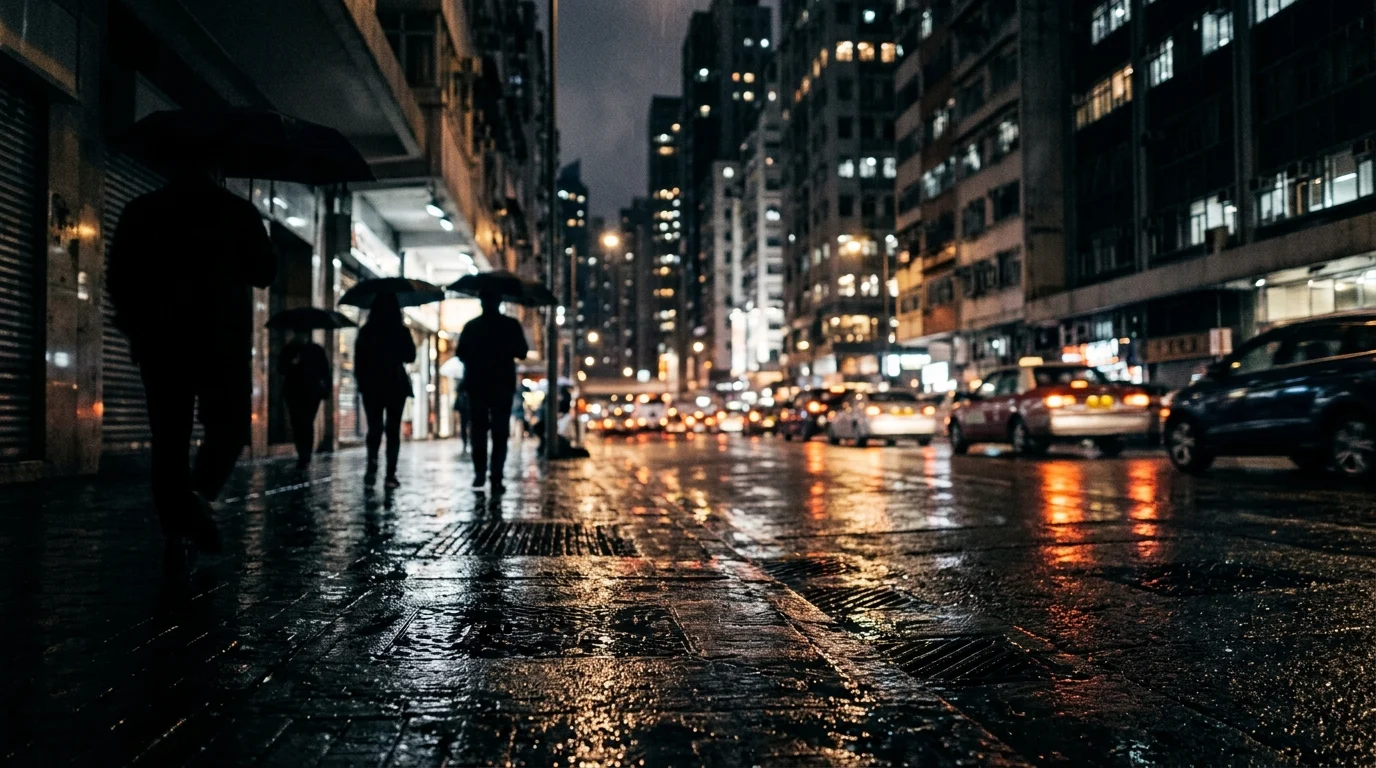 Anurag Kashyap and Vasan Bala Present ‘Aakhri Ride’: A Supernatural Lens on Mumbai Social Tensions 1 Rain-slicked urban street at night with blurry skyscraper lights.