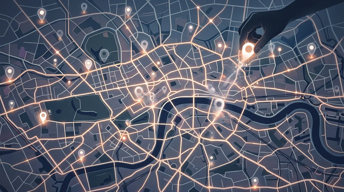 Abstract city map with fading pins representing contract terminations.