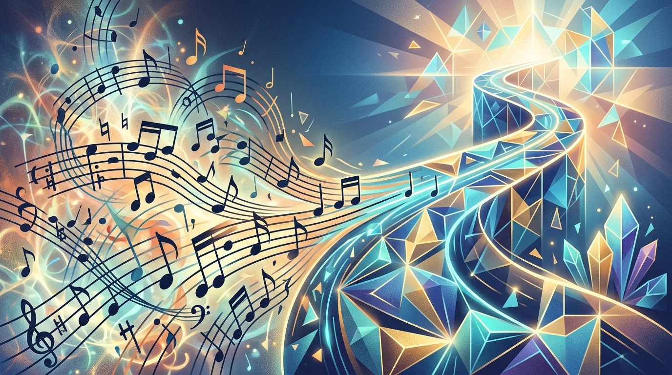 Abstract visualization of music notes forming a structured path.