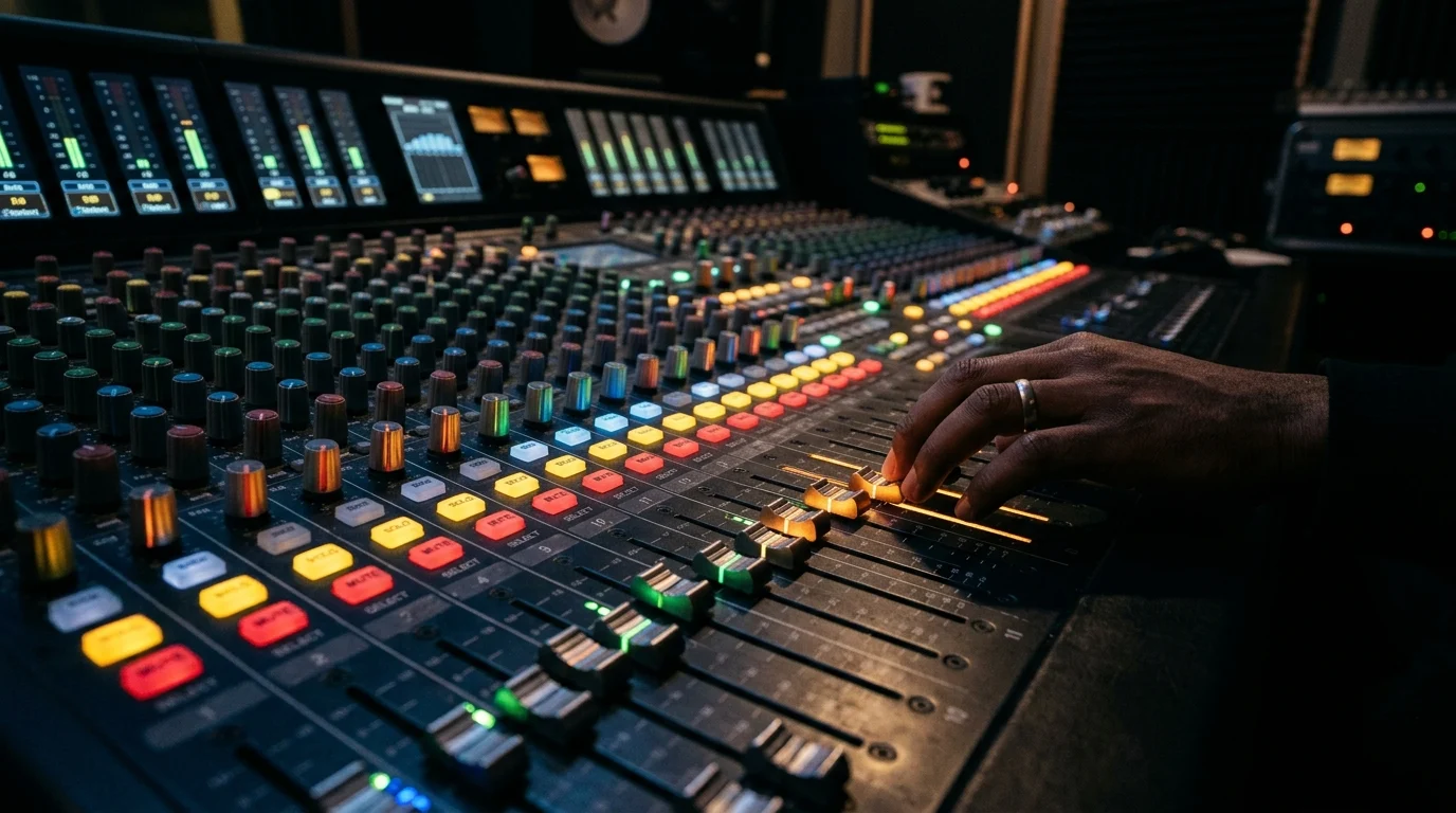 Close-up of a music production mixing console in a dark studio