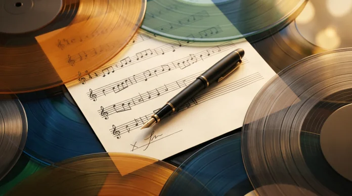 A fountain pen on musical notation paper representing a music publishing contract.