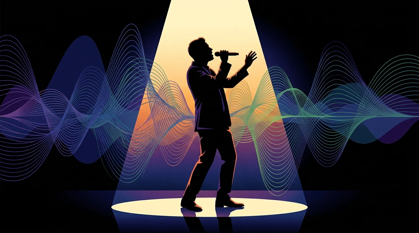 John de Mol’s Talpa Studios Presents The Golden Elevators and Sing With Me for Global Markets 2 A silhouette of a anonymous silhouettes on stage under a spotlight.