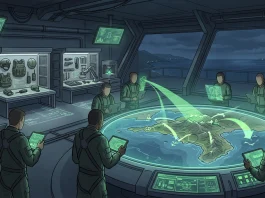 A digital rendering of a military command hub with tactical displays and crafting terminals.