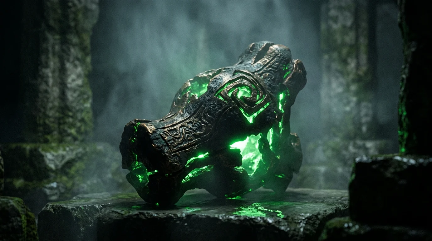 A mysterious green metallic artifact glowing in the dark.