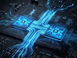 Conceptual rendering of a system-on-a-chip architecture with high-speed interconnects.