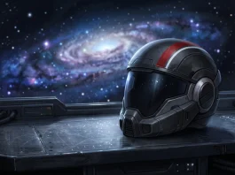 A conceptual N7 helmet resting on a surface with a galaxy in the background