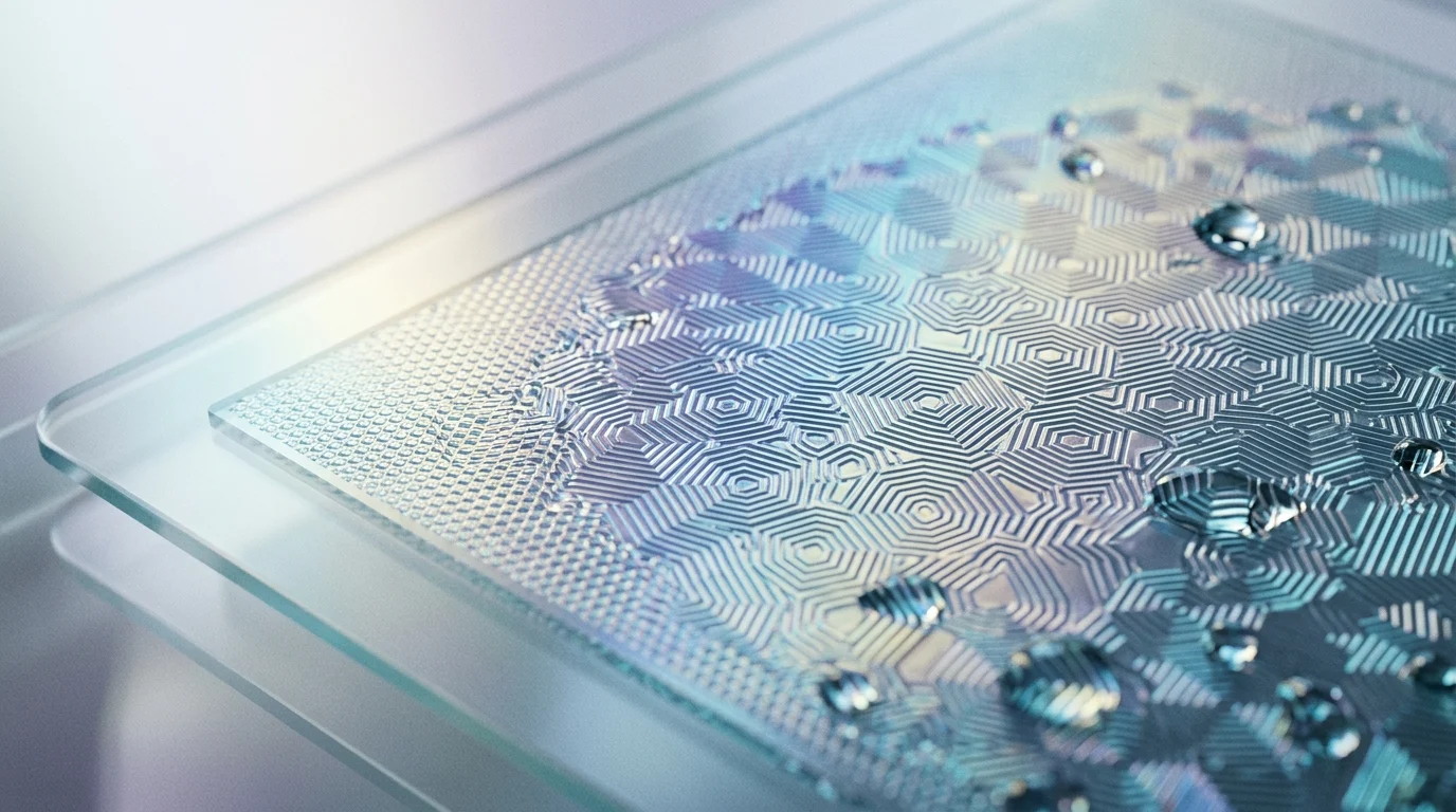 Macro view of a protective nano-texture layer for a device screen.