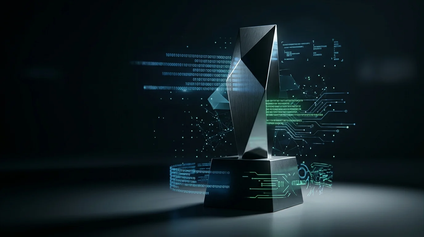 Minimalist awards trophy with digital data overlay.