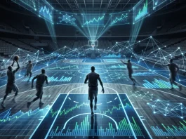 Conceptual digital representation of basketball data and market charts.
