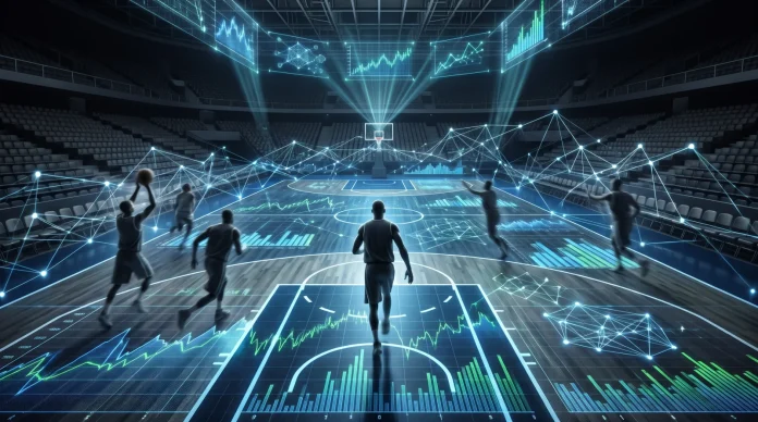 Conceptual digital representation of basketball data and market charts.