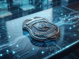 A conceptual illustration representing a federal agent's badge and digital data streams.