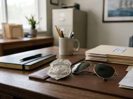 A silver investigator badge and sunglasses on a wooden desk.