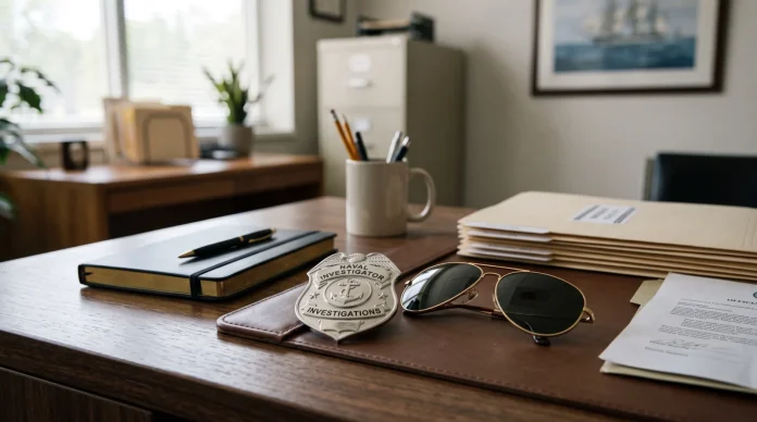 A silver investigator badge and sunglasses on a wooden desk.