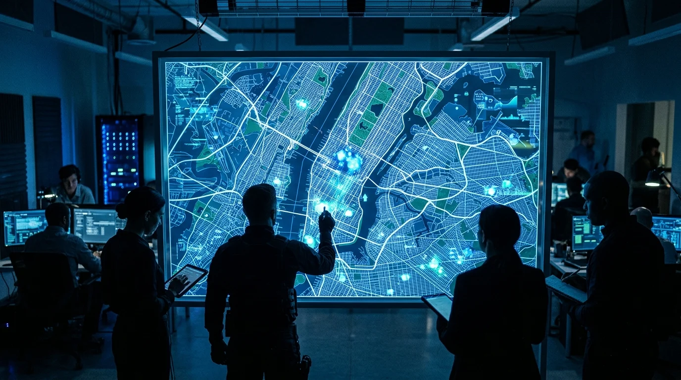 A high-tech digital evidence board showing a map of New York City.