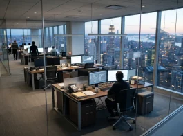 A modern law enforcement office overlooking a New York City skyline.