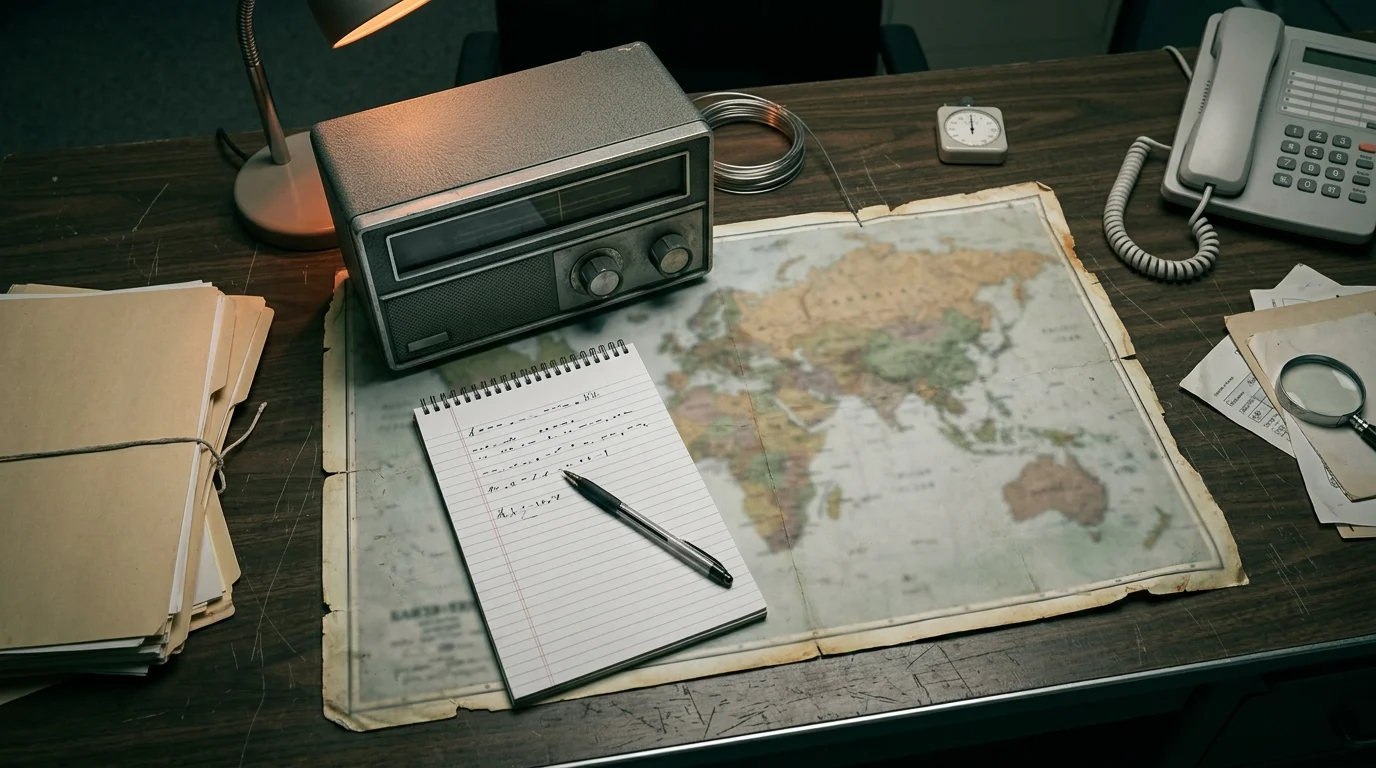 1990s investigative equipment and Morse code notes on a desk.