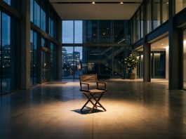 A minimalist view of a director's chair in a corporate setting.