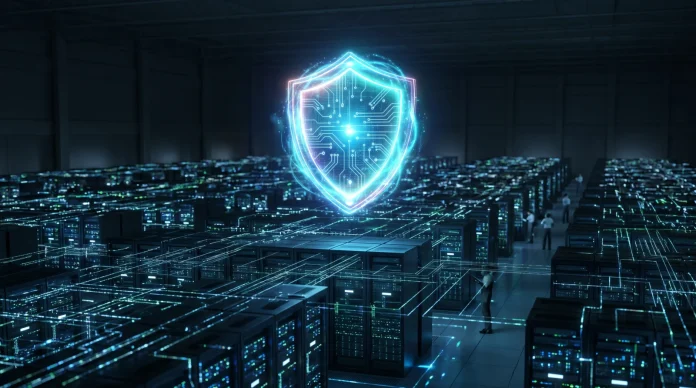 A digital shield icon representing cybersecurity protection over a network.