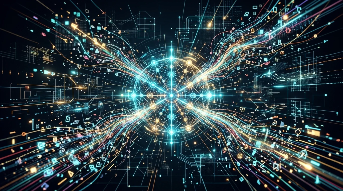 Abstract data flow entering a central digital hub.