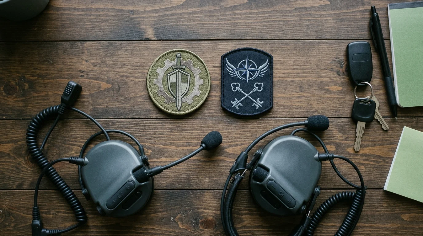 Two law enforcement badges and headsets on a desk.