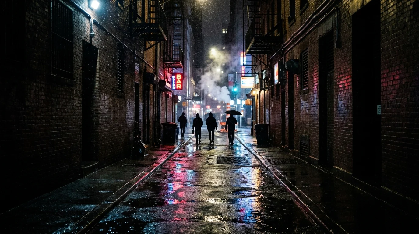 A moody New York City alleyway at night with high-contrast lighting.