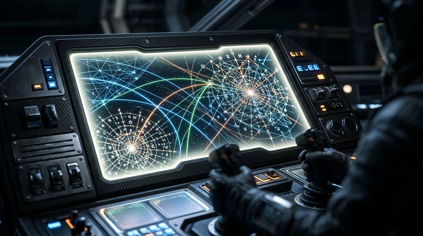 Digital interface showing complex space flight trajectories.