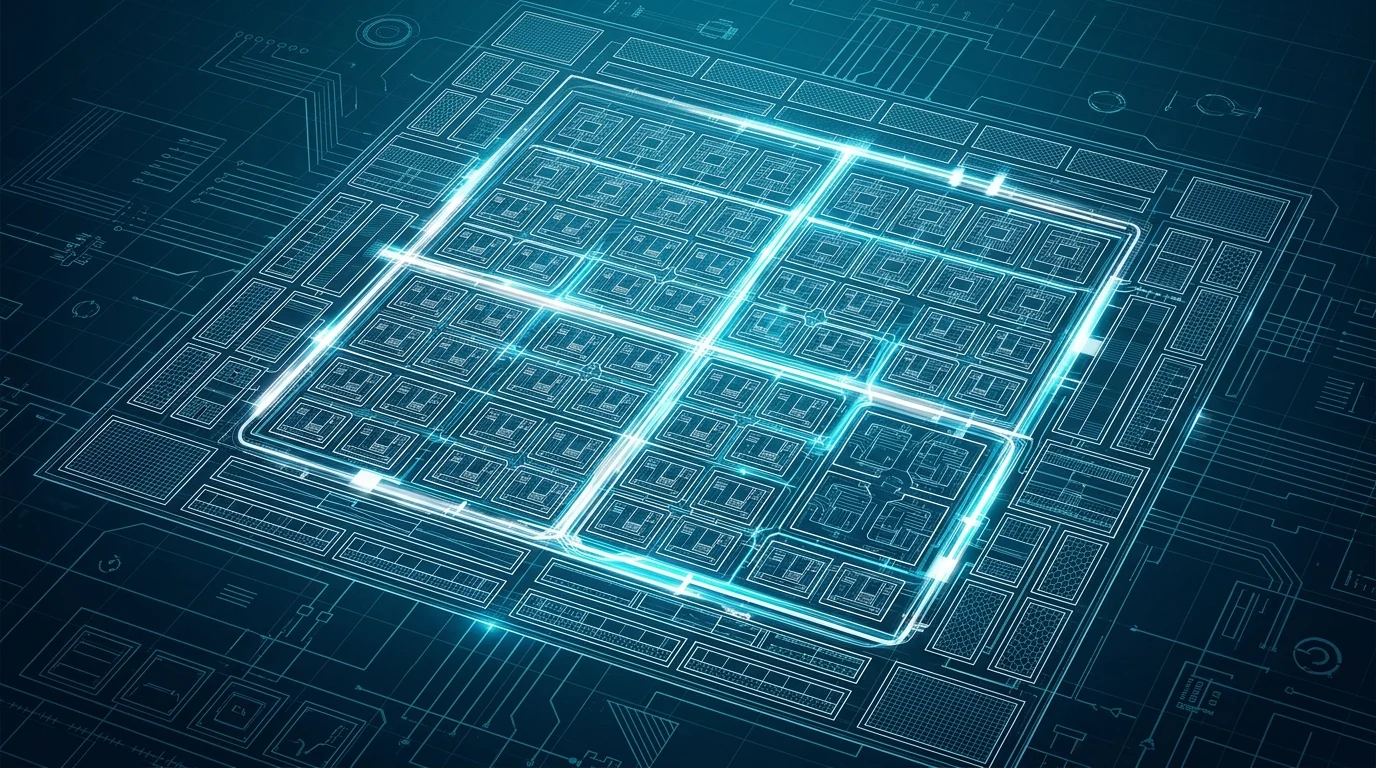 A conceptual diagram showing the architecture of a high-performance computer chip.