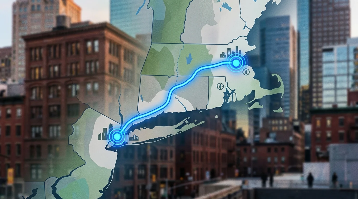 A conceptual map showing a connection between New York and Boston.