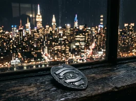A conceptual image of a police badge against a New York City backdrop.