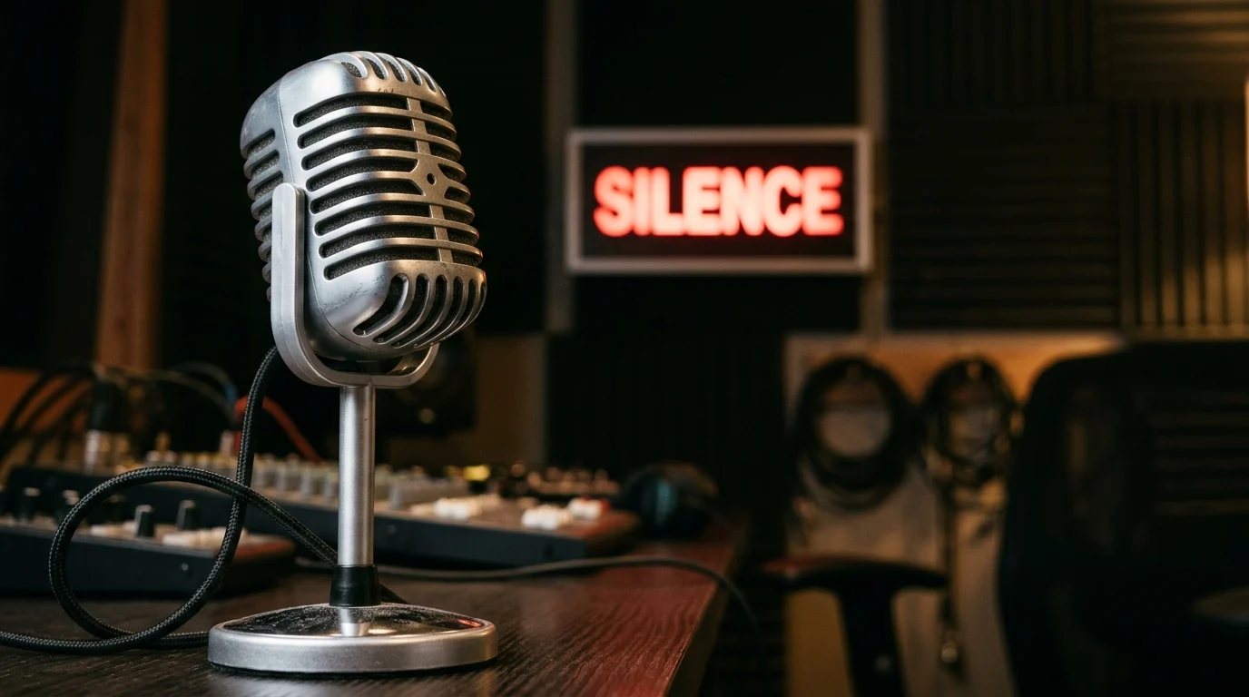 A conceptual photo representing a no-talking rule with a silence sign.