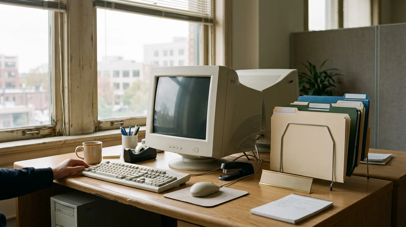 A conceptual 1990s office desk setup representing the era of Office Space.
