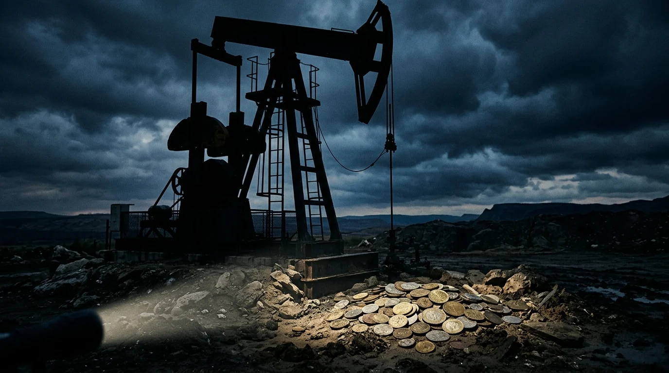 Stylized oil derrick silhouette with coins at the base representing the film's oil tycoon theme and financial struggle.