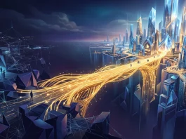 Conceptual abstract bridge made of glowing digital lines connecting two environments.