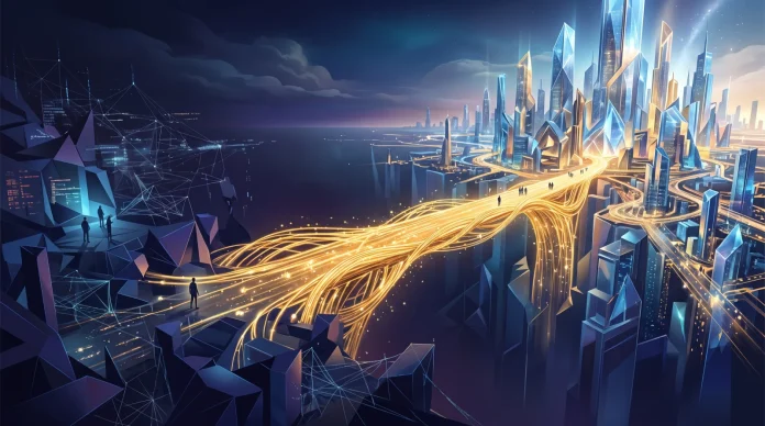 Conceptual abstract bridge made of glowing digital lines connecting two environments.
