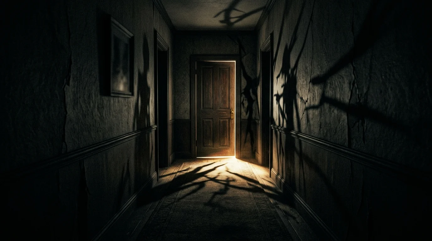 A dark hallway with eerie shadows and light under a door.