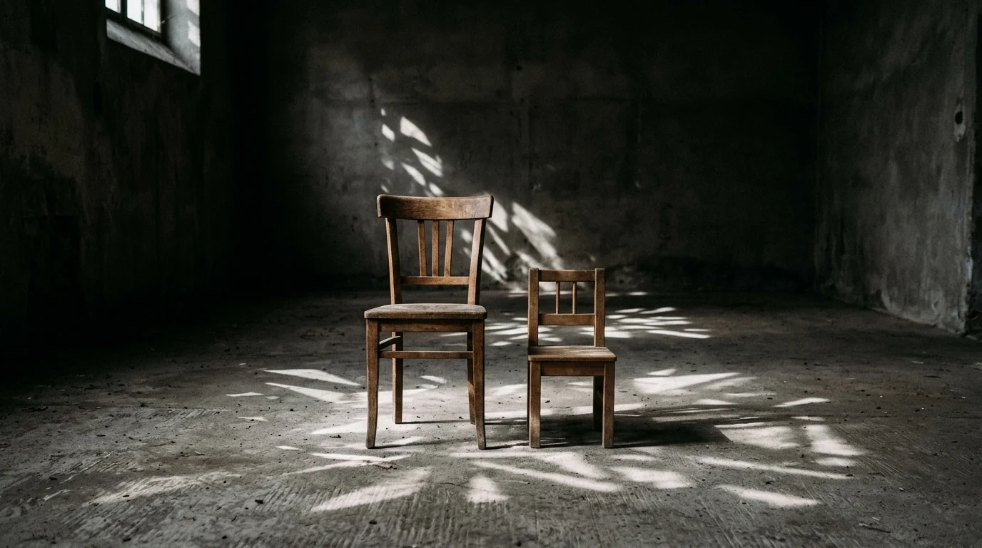Conceptual imagery of two chairs in a dark room representing a father-son relationship.