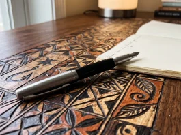A modern fountain pen resting on a Pacific-inspired pattern cloth