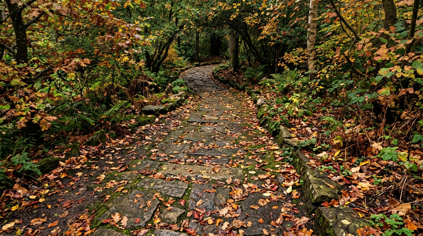 Conceptual image of autumn leaves on a stone path representing reflections on life.
