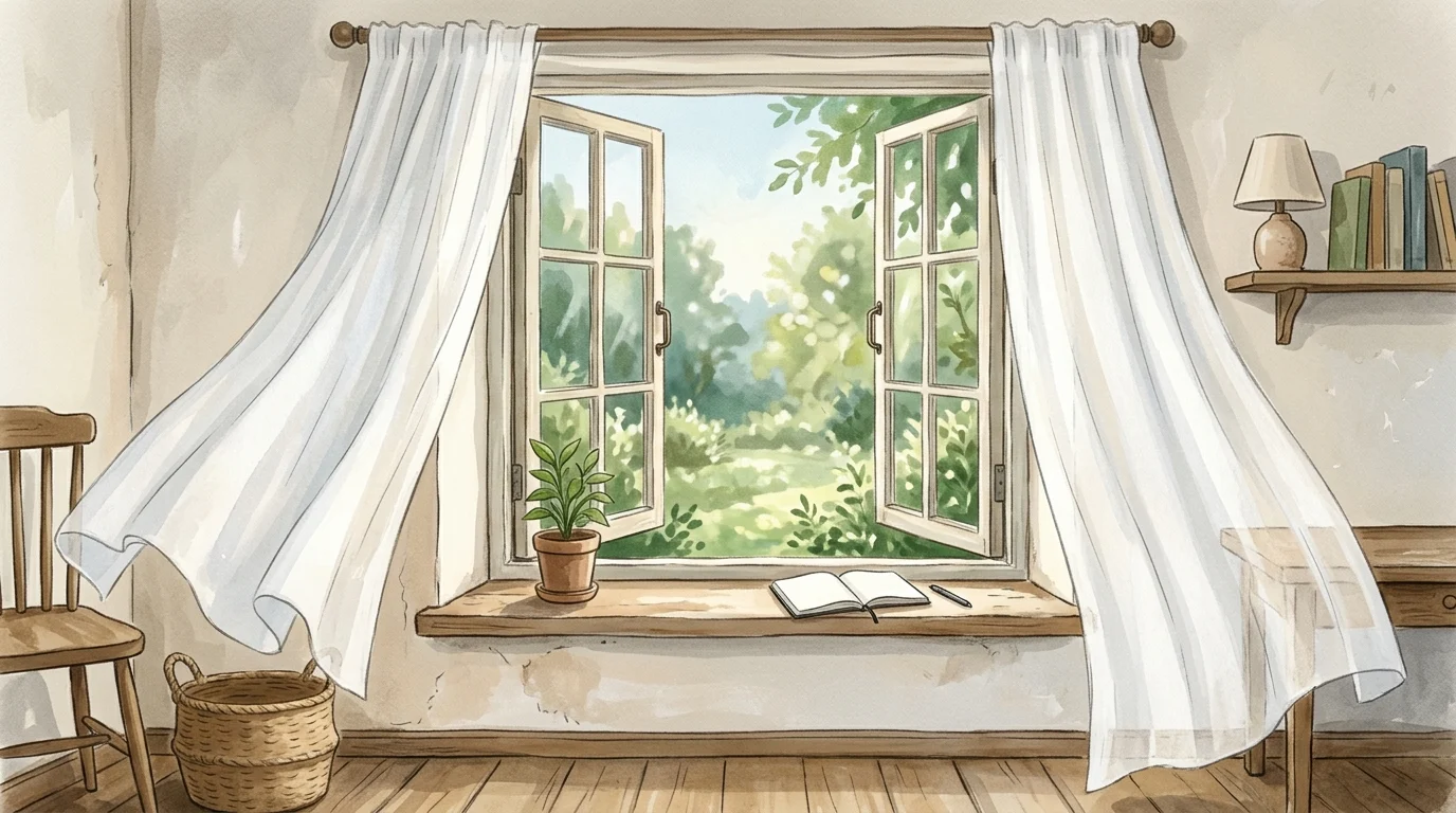 A window with white curtains blowing in the wind.