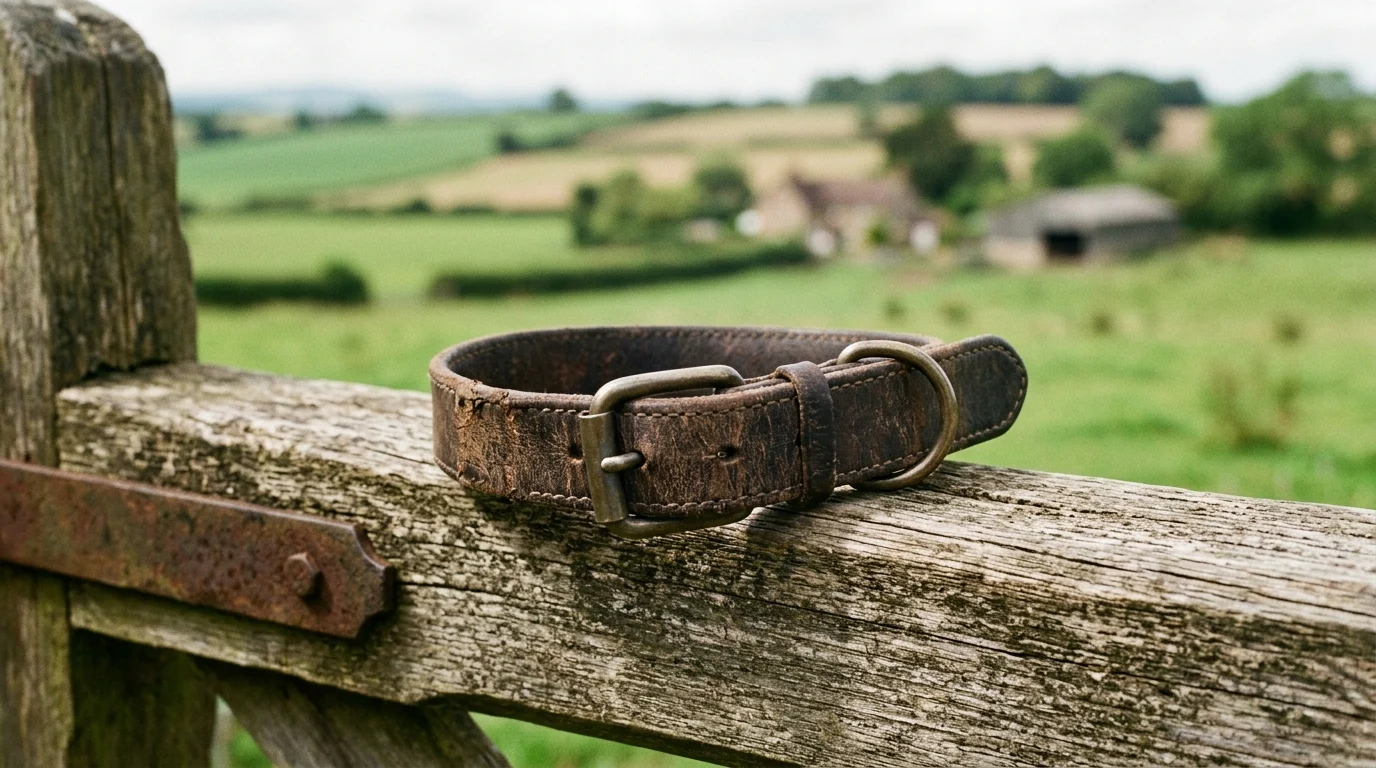 A leather dog collar resting on a wooden gate.