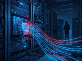 A conceptual digital illustration of a data breach showing glowing binary code leaking from a network node.