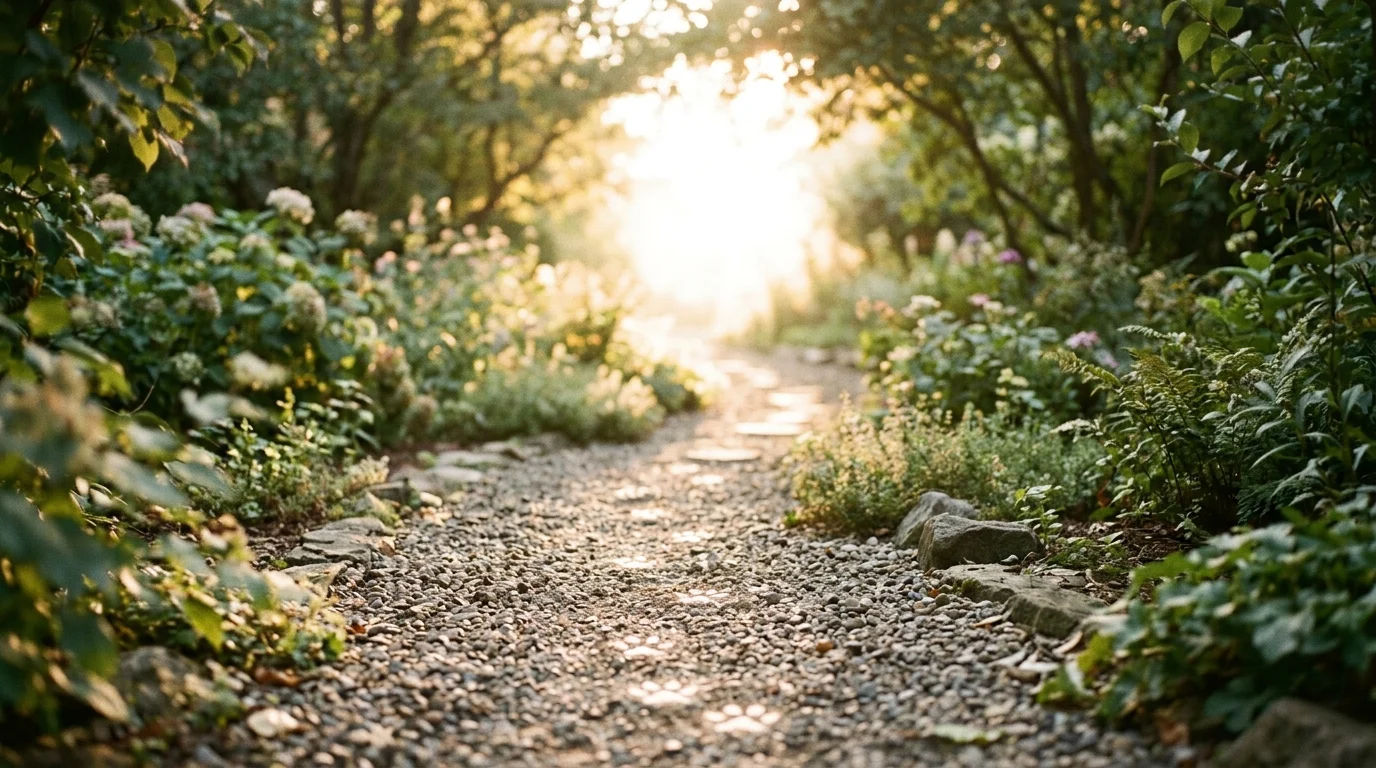 Conceptual image of paw prints on a garden path fading into bright light.