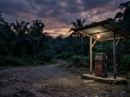 A conceptual shot of a single petrol pump at a desolate station during twilight in a tropical landscape.