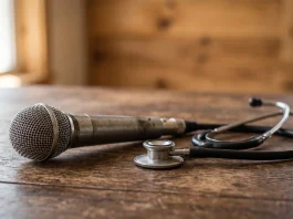 Conceptual image of a vintage microphone and stethoscope on a table.