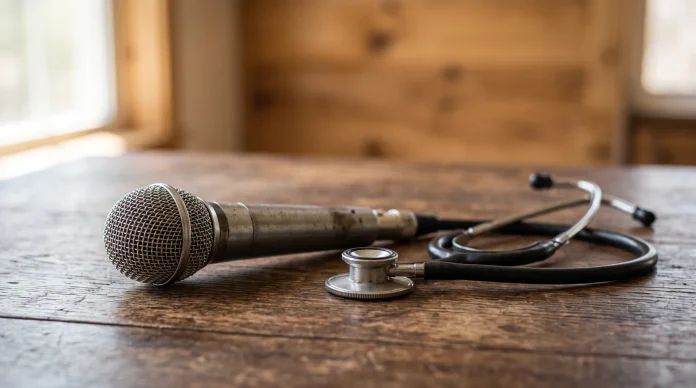Conceptual image of a vintage microphone and stethoscope on a table.